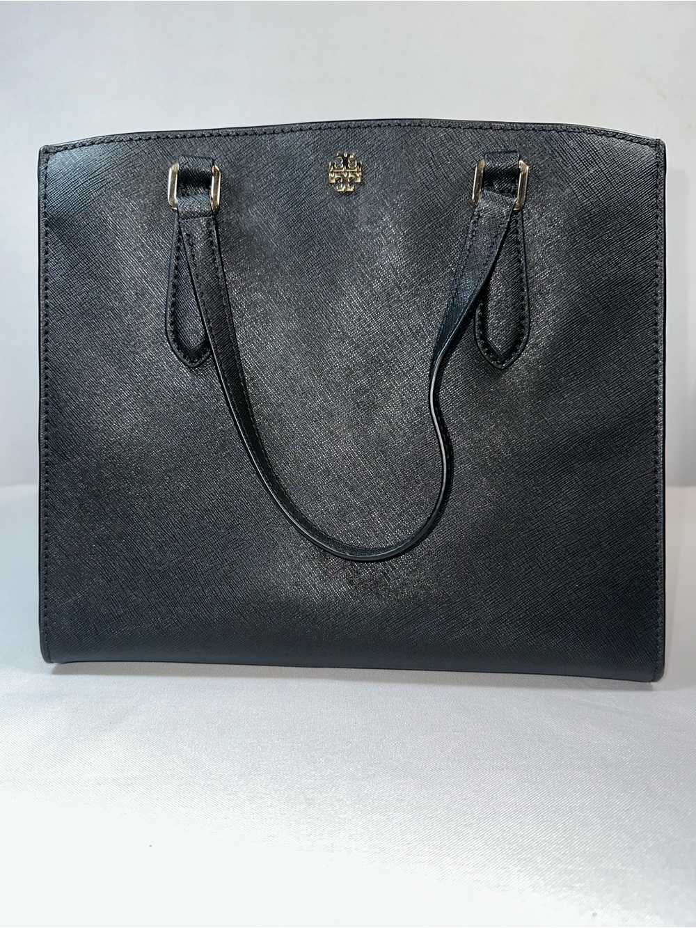 Tory Burch Robinson Black Saffiano Leather Tote Bag Handbag Purse Gold Logo